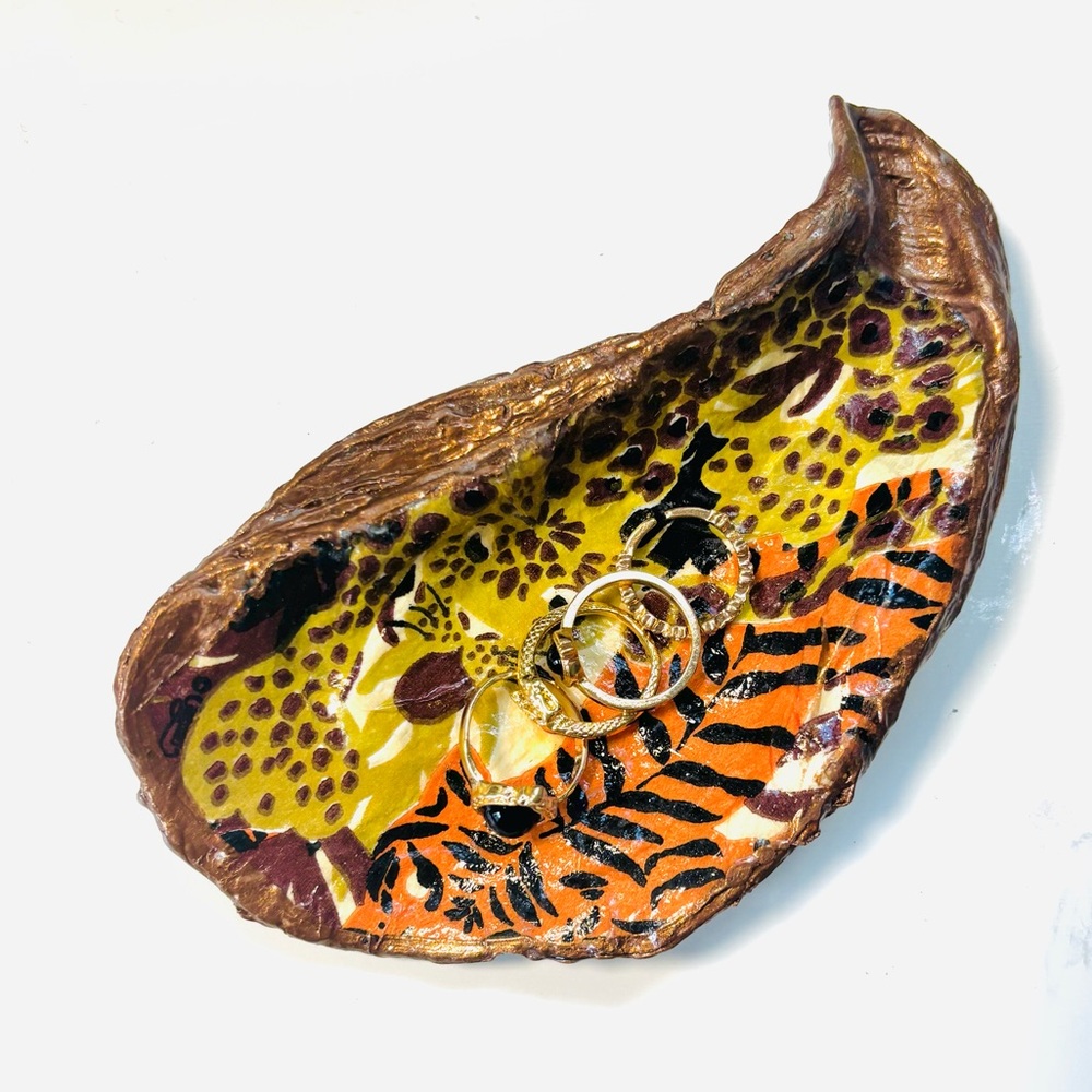 Handmade Shell Trinket Dish With Wild Cat Decoupage  Design